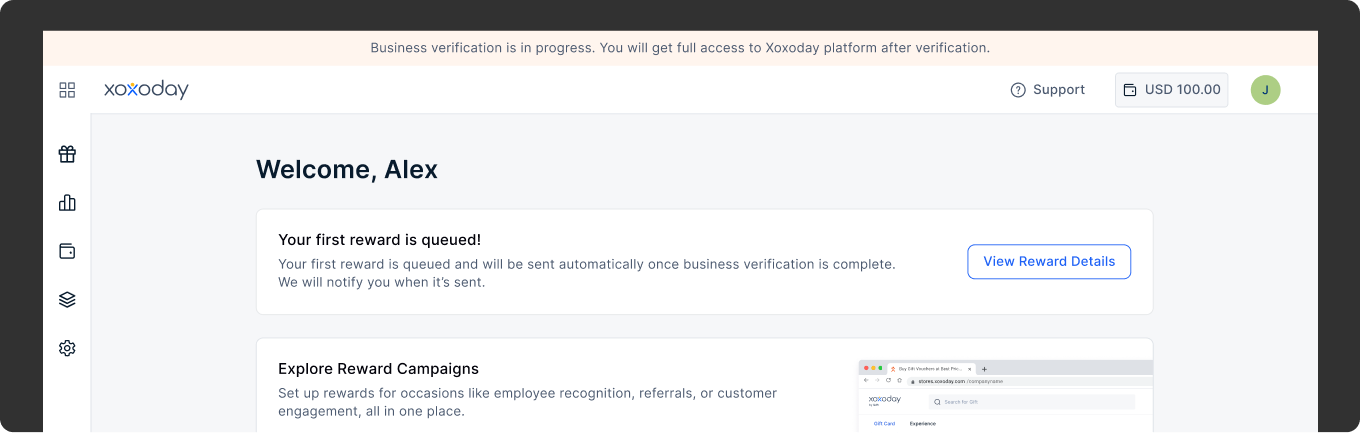Welcome Alex dashboard with first reward queued and reward campaigns explorer